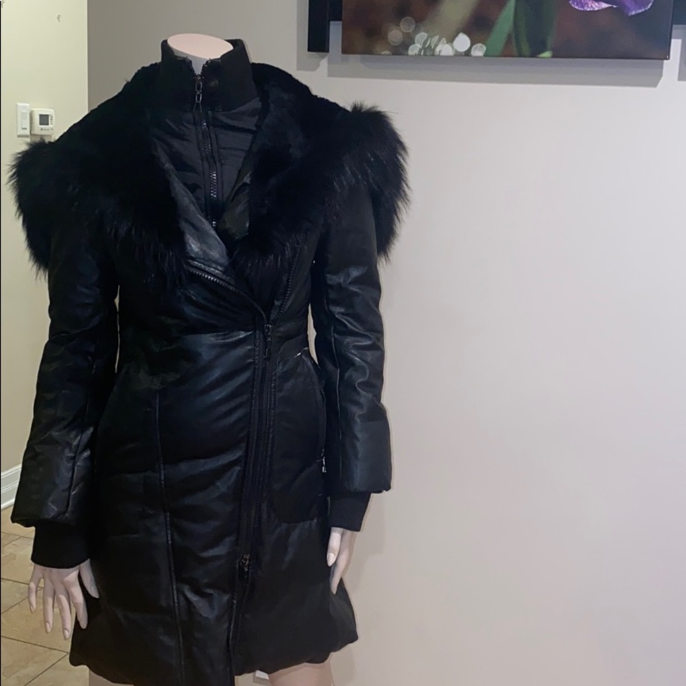 Black Sly & Co real leather & fur winter jacket size XS/S